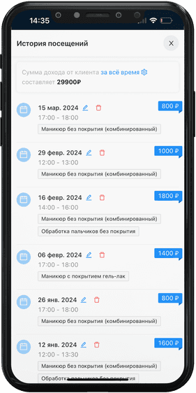 Историю клиентов и доходы